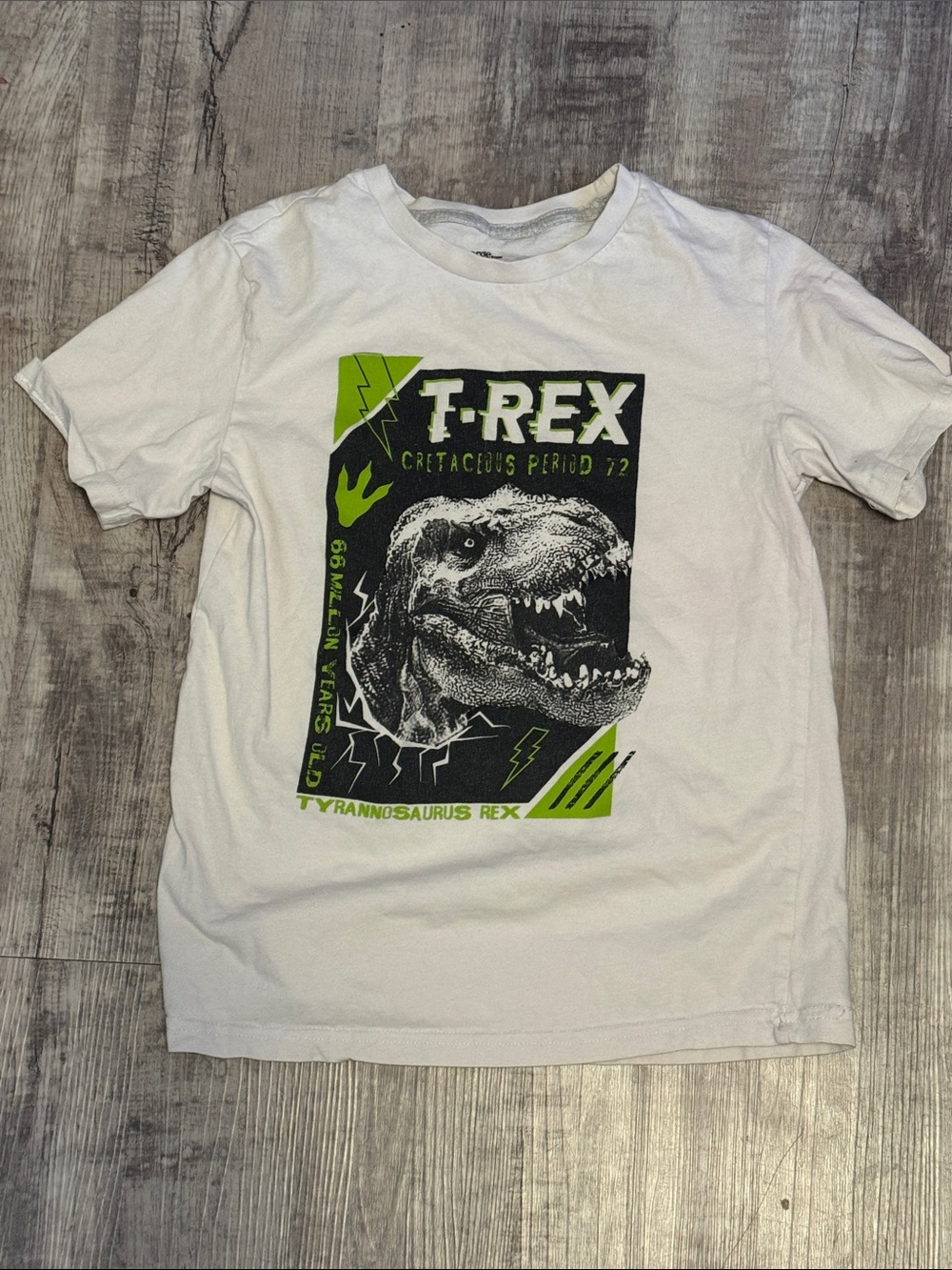 Youth T-Rex Graphic Tee in White with Neon Green Accents